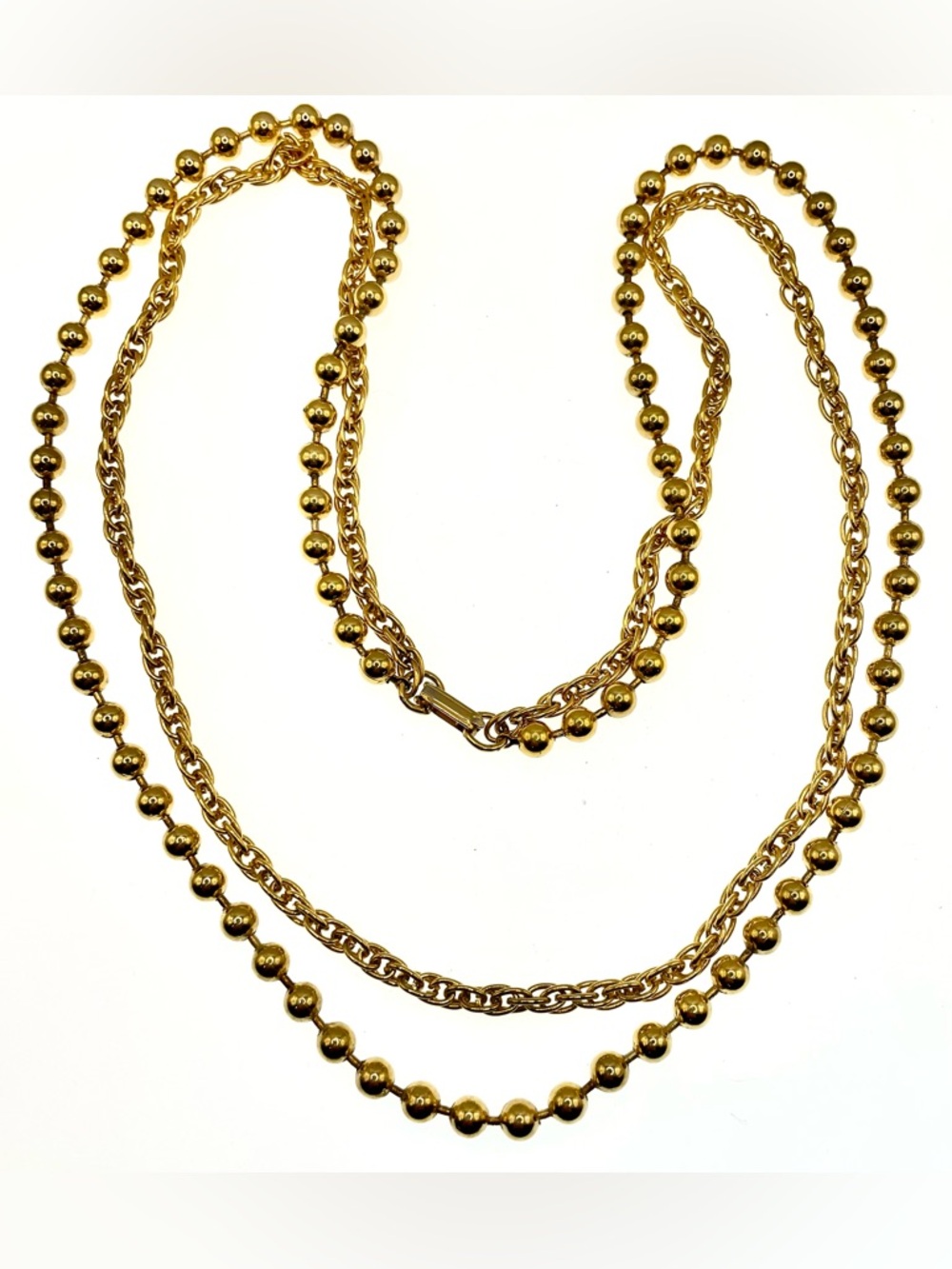 Vintage Double Strand Necklace Bead Chain Rope Chain Layered Gold Tone 90s